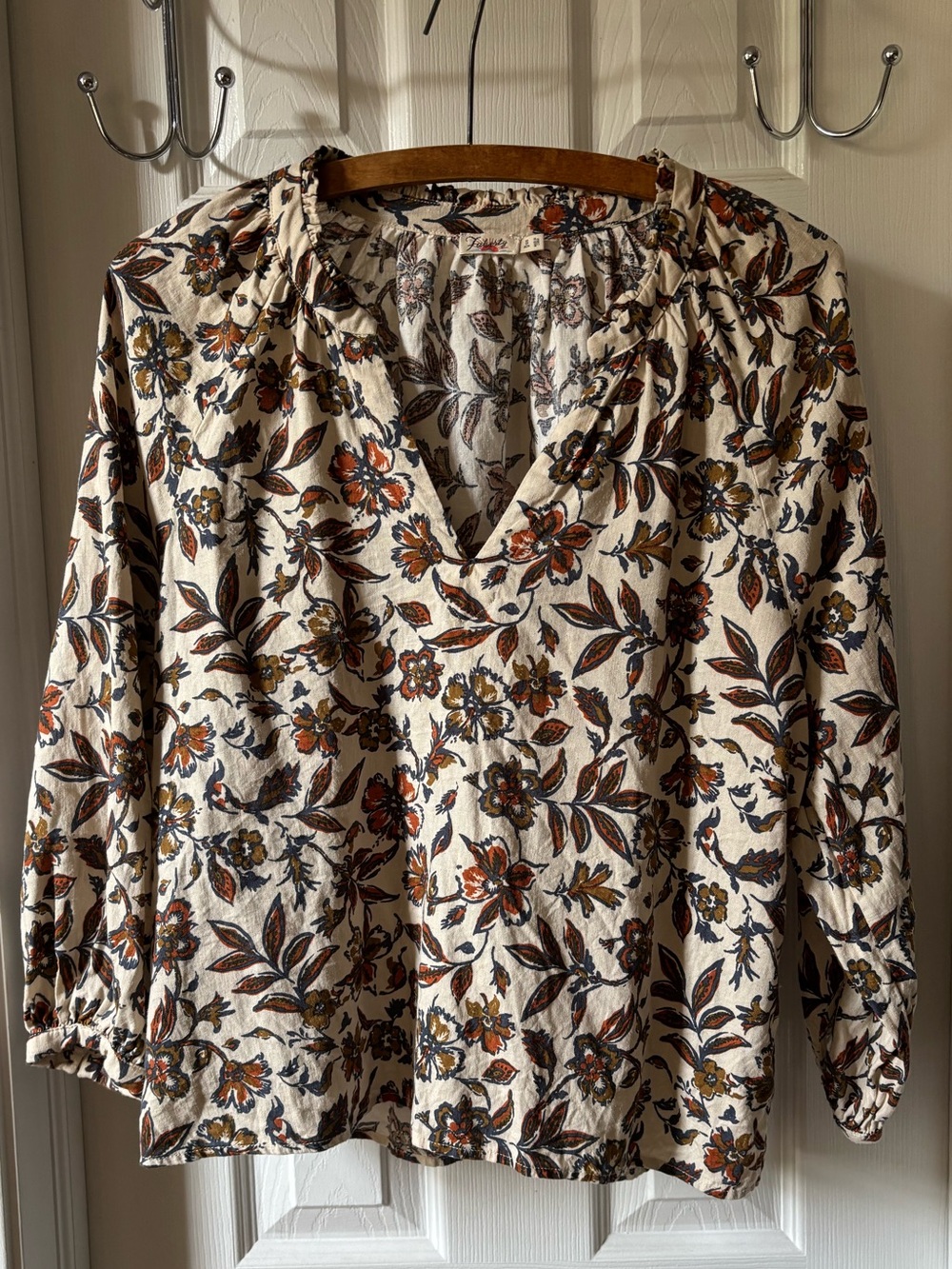 Faherty Ivory Floral V-Neck Blouse with Brown and Rust Accents - Picture 1 of 9